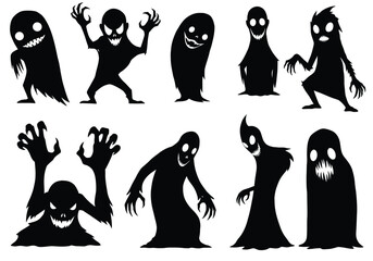 Obraz premium Scary silhouettes. This image shows various eerie and creepy ghost-like figures in black silhouettes, also known as frightening shadows or horror-themed shapes. Vector clipart illustration design.