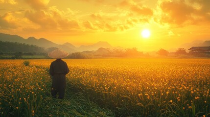 Fototapeta premium Golden sunset over rice paddy, farmer silhouette