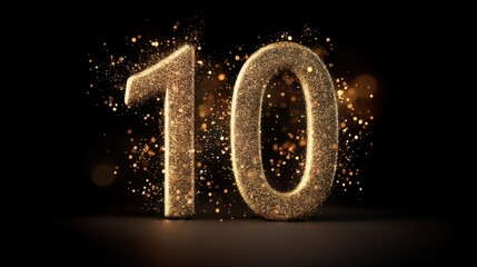 A stunning image of golden sparkling number ten on black background. Symbol 10. Invitation for a tenth birthday party or business anniversary.