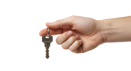 Male hand holding a house key – isolated image on transparent background