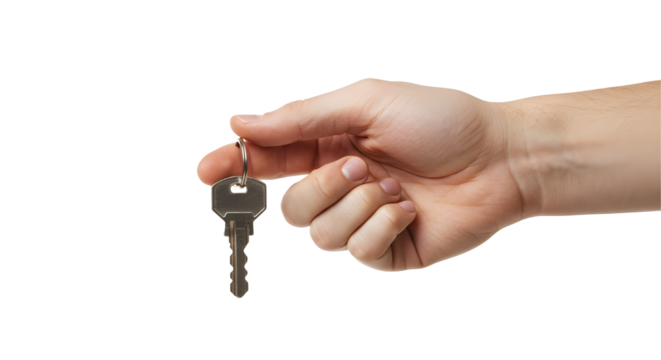 Male hand holding a house key – isolated image on transparent background