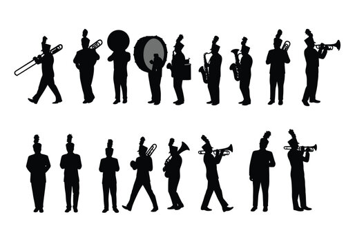 Marching band silhouette. A group of musicians in a marching band, each playing different instruments like drums, brass, and woodwinds, depicted in black silhouettes.  clipart illustration design.
