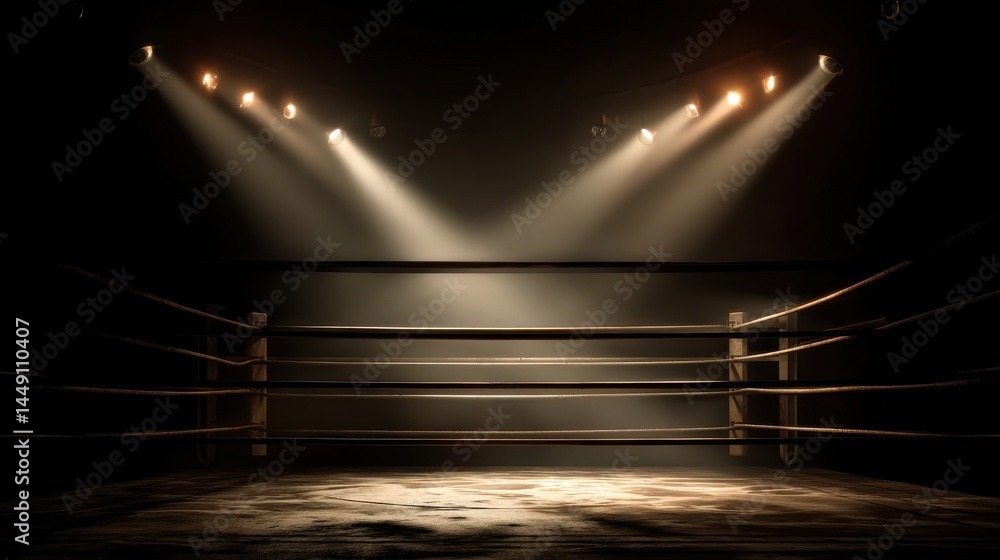 Poster a stunning image of boxing ring illuminated by sharp spotlights in dark atmosphere, creating dramati