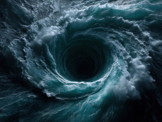 Whirlpool vortex in dark turbulent water with swirling waves and foam creating powerful natural phenomenon full of dynamic motion and energy