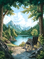 Wheelchair near a lake. International Day of Inclusion concept.