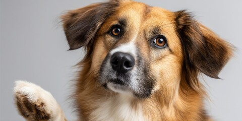 Dog, attentive, gray background, friendly, paw raised, pet portrait, use for social media