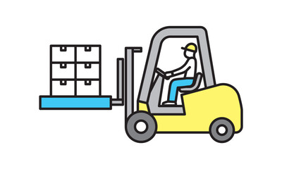 シンプル　イラスト　フォークリフトで段ボールを運ぶ作業員のベクターイラスト