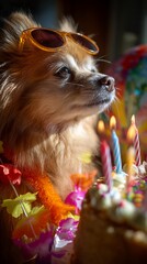 Dog celebrating birthday with cake and sunglasses