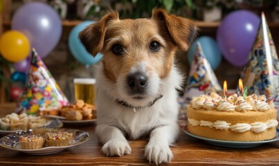 Dog celebrating birthday with party cake and decorations