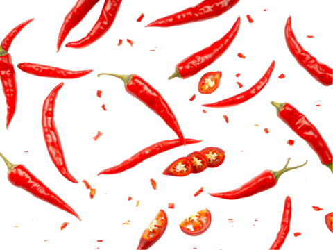 Vibrant Red Chili Peppers Falling on a transparent background Food Photography  - Powered by Adobe