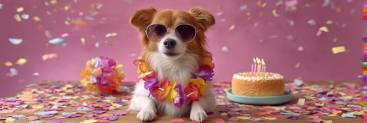 Dog wearing sunglasses and lei with birthday cake, celebration
