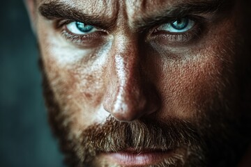 Obraz premium Close-up portrait of a bearded man with intense blue eyes and furrowed brows. For expressing emotions like anger, determination, or strong personality.