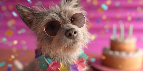 Dog wearing sunglasses celebrating birthday with cake