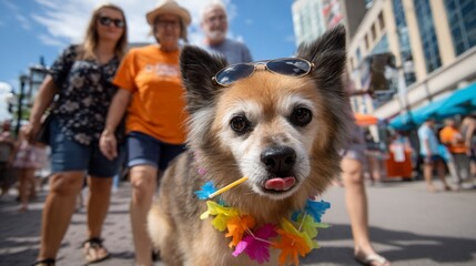 Dog wearing sunglasses walking with owners on city street, possible use in pet adoption campaign