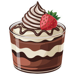 Layered chocolate strawberry dessert in glass jar isolated vector illustration on white background