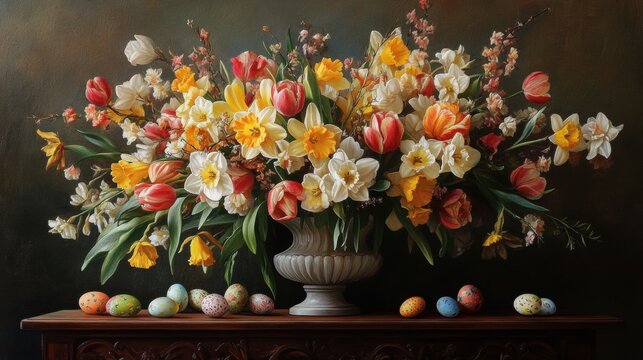 A vibrant floral arrangement featuring a variety of spring flowers including tulips, daffodils, and cherry blossoms, beautifully arranged in a classic ornate vase. The arrangement is set against a dar