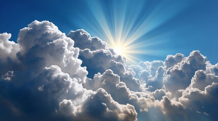 Dramatic sky filled with large puffy clouds and a bright sun shining through, perfect for a nature or weather-themed background