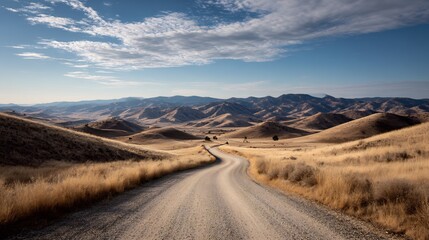 Idyllic winding dirt road cutting through the rolling hills of the countryside
