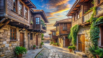 Fototapeta premium Ancient stone buildings and narrow streets lined with old town architecture in Sozopol Old Town at Black Sea, old town