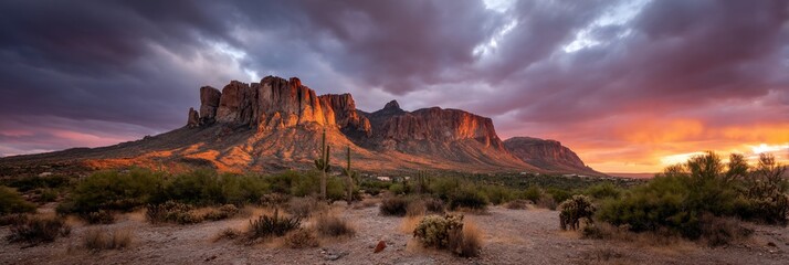 Dramatic sunset over Arizona buttes, desert landscape, perfect for travel brochure or nature calendar
