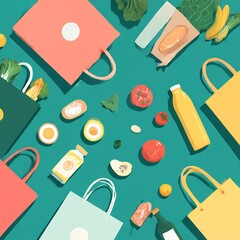 A flat lay of colorful travel and lifestyle essentials on a green surface.
