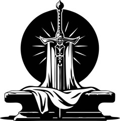 Vintage grunge vector art features a silhouette of a man with a sword juxtaposed with the iconic Statue of Liberty silhouette, a symbolic design