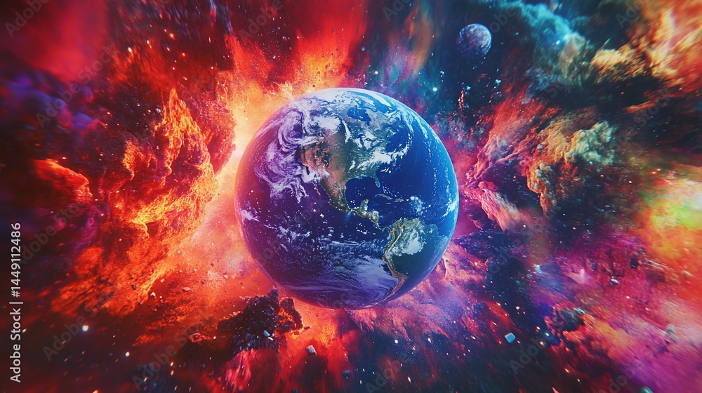 Poster earth view from outer space amidst a colorful nebula with other planets and dust