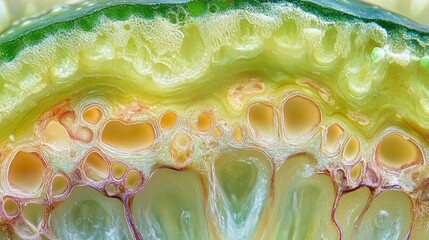 A close-up macro shot of a sliced segment of a lime showcasing its intricate cellular structure, with vibrant green rind and subtle yellowish flesh. The texture reveals various cavities and membranes,