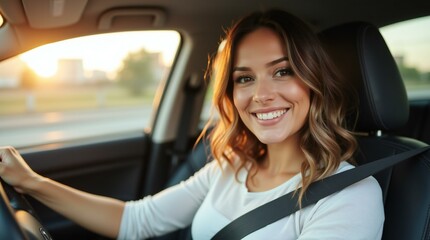 Smiling Woman Driving a Car.