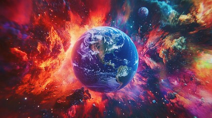 Earth view from outer space amidst a colorful nebula with other planets and dust