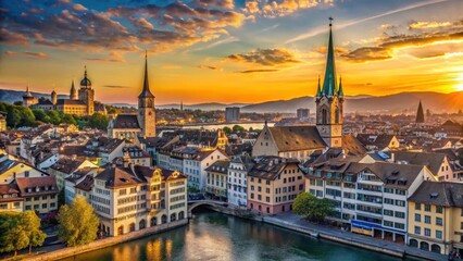 Zurich cityscape at sunset , towers, buildings,  towers