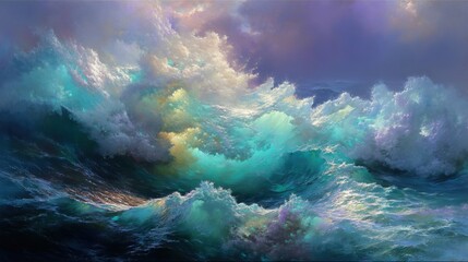 Fototapeta premium A breathtaking depiction of tumultuous ocean waves, showcasing dynamic movement and vibrant colors. The waves crash and swirl, reflecting hues of turquoise, blue, and soft pastels through the crests a