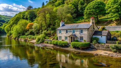 Obraz premium Cottage by River Tamar at Lower Anderton, lower anderton, cottages in cornwall