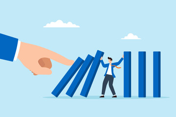 Flat illustration of businessman stopping falling dominoes pushed by giant hand symbolizing crisis leadership resilience and risk prevention