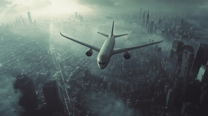Fototapeta premium Airplane over a city shrouded in fog