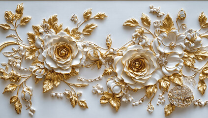 Obraz premium Elegant 3D Ceiling Wallpaper with White and Gold Floral Design