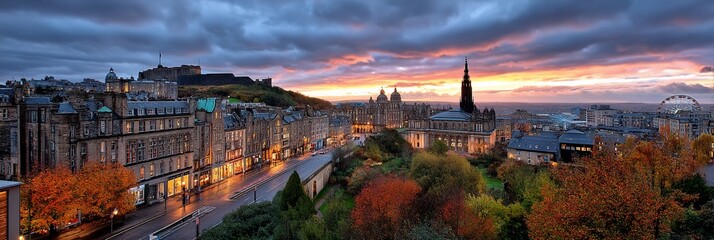 Edinburgh city skyline at sunset, autumn colors, historical buildings, panoramic view. Possible use Travel, tourism, architecture, city guide