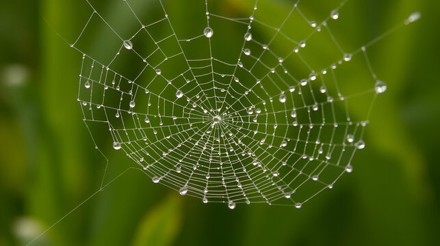 Closeup of beautiful lace of spider web covered by morning dew drops against blurry green background