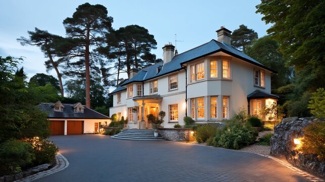 Elegant suburban home at twilight, with driveway and gardens, suitable for real estate or lifestyle stock photography