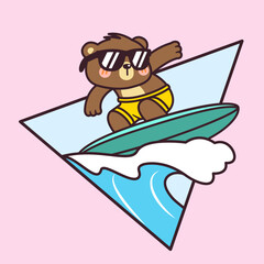 Cute Kawaii Cool Bear is Surfing on Big Waves on the Beach Cartoon Vector Illustration Logo Mascot. Summer Animal Bear Hand Drawn Retro Flat Cartoon