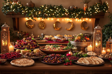 Fototapeta premium Festive Middle Eastern feast, abundant array of food displayed on a long table, decorated with warm lighting, gold crescent moons, and lanterns