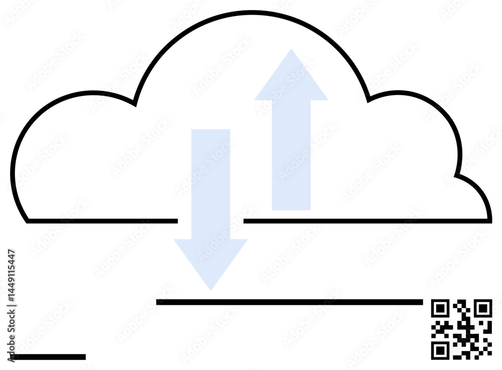 Poster cloud outline with upward and downward arrows symbolizing data flow, accompanied by a qr code. ideal