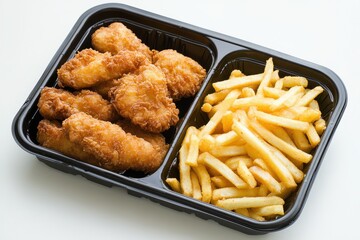 Crispy chicken tenders and french fries, served in a black plastic to-go container.