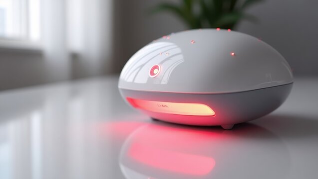 Lyma Laser. Time waits silently. Trend product close-up. Sleek alarm clock sits atop minimalist desk with serene plant, evoking times quiet urgency.