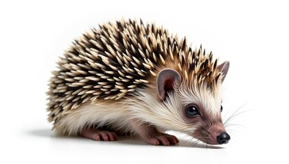 Obraz premium Tiny hedgehog curled, isolated on pure white background, wildlife photography, closeup