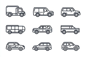 Obraz premium Vehicle icons; delivery, transportation, SUV, minivan, bus; white background; website design