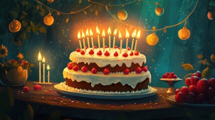 Magical forest birthday cake with berries and candles