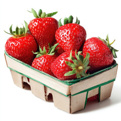 Fresh strawberries in a light-brown cardboard container.  Ripe, red berries with green caps