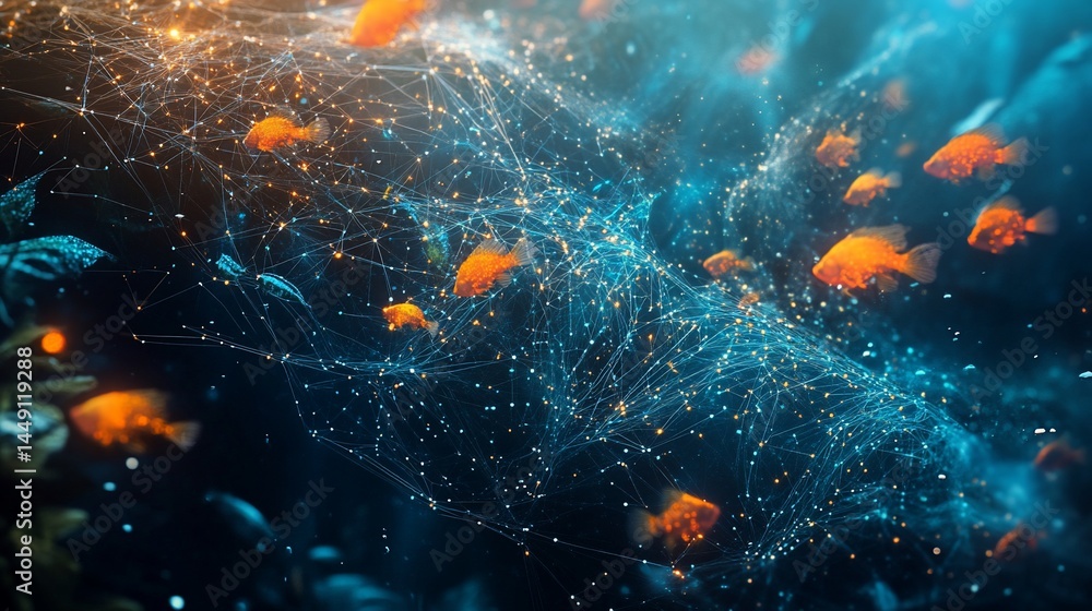 Poster abstract network connection with glowing lines, orange fish swim in digital web