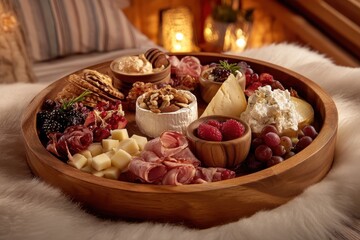 A rustic wooden tray filled with assorted cheeses, cured meats, fruits, nuts, and dips, set in a cozy, warmly lit atmosphere.